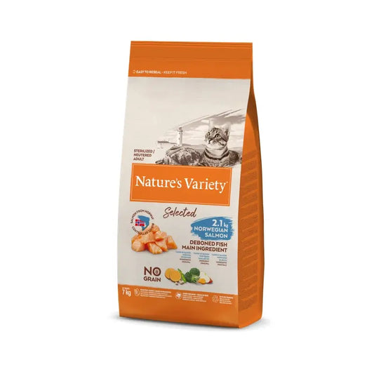 Variedade Natural Selecção de Salmão Adulto Felino Esterilizado, 7 kg, alimento para gatos