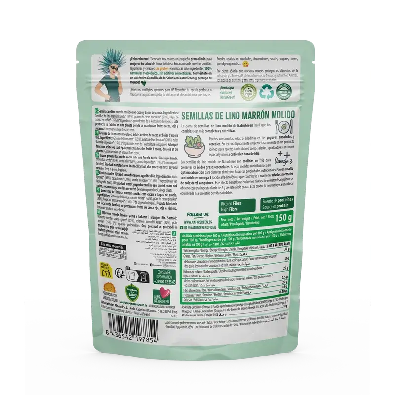 NaturGreen Sementes de Linhaça, Nibs de Cacau e Aronia Bio 150 g