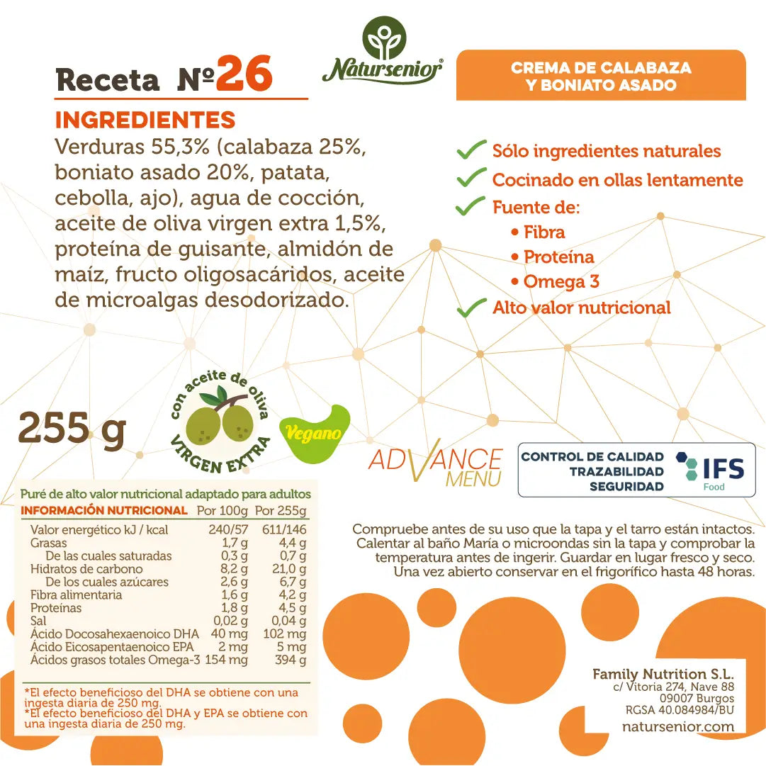 Natursenior Adultos Sopa de Creme de Legumes Abóbora e Batata Doce Assada com Ómega 3 Dha, Prebióticos e Proteína. , 255 gr