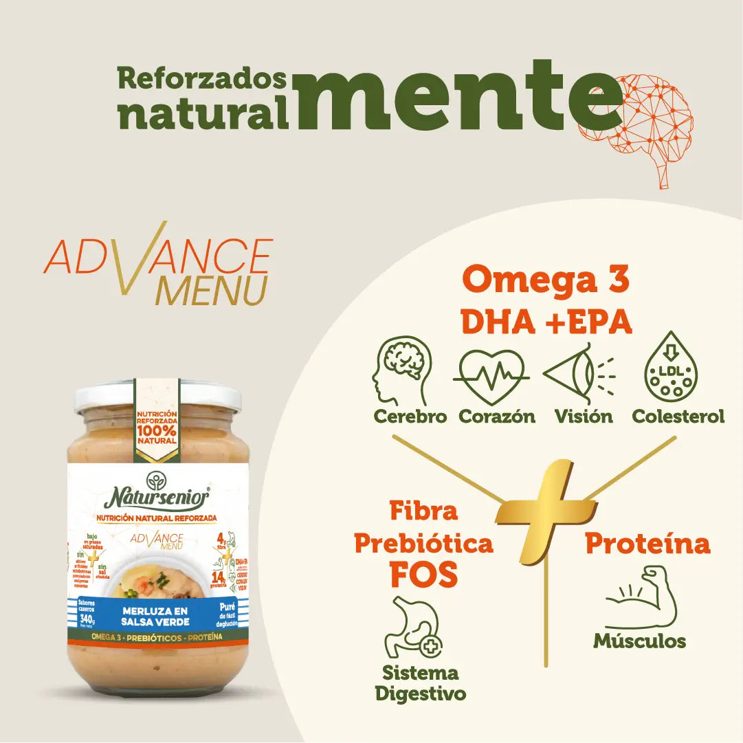 Natursenior Adultos Puré de Pescada em Molho Verde Reforçado com Ómega 3 Dha+Epa, Prebióticos e Proteínas. , 340 gr
