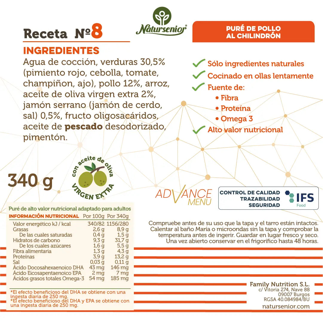 Natursenior Adultos Puré de Frango com Omega 3 Dha+Epa, Prebióticos e Proteínas. , 340 gr