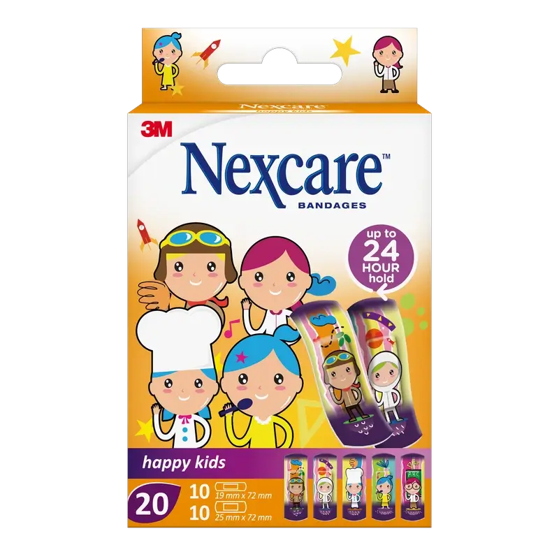 Faixa de proteção para crianças Nexcare Kids com design de profissões variadas, 20 unidades