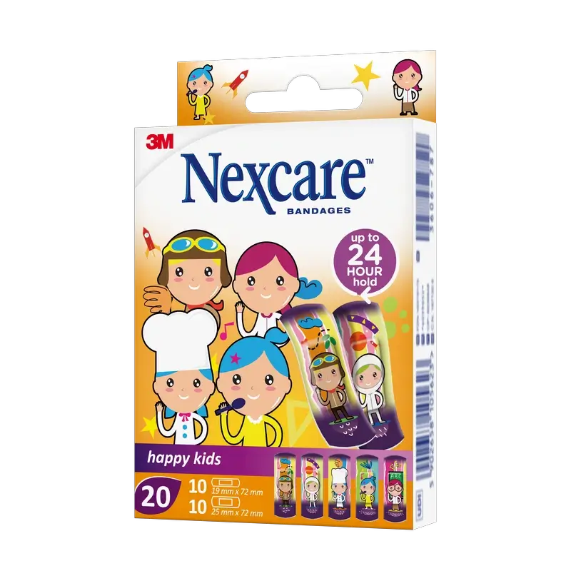 Faixa de proteção para crianças Nexcare Kids com design de profissões variadas, 20 unidades