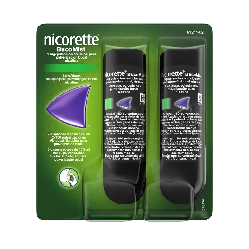 Nicorette® BucoMist 1 mg/solução de pulverização bucal. Embalagem de 2