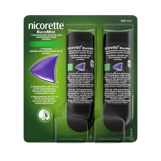 Nicorette® BucoMist 1 mg/solução de pulverização bucal. Embalagem de 2