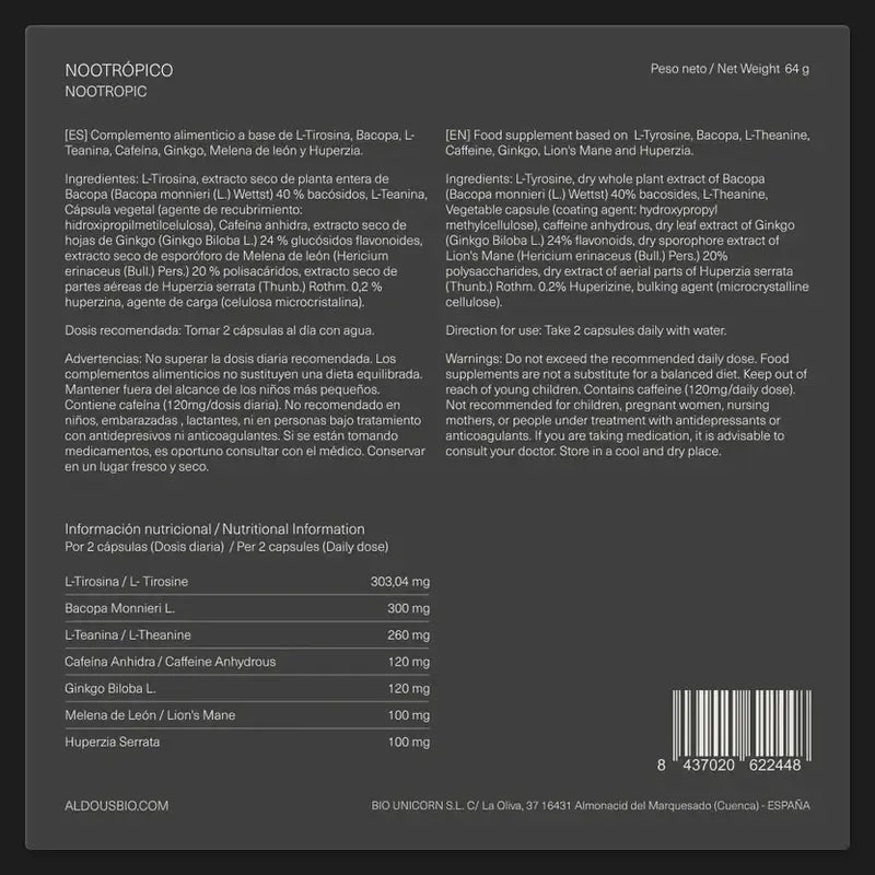 Aldous Labs Nootropic com Ginkgo Biloba, Juba de Leão, Cafeína, Bacopa, Tirosina, Teanina e Huperzine A