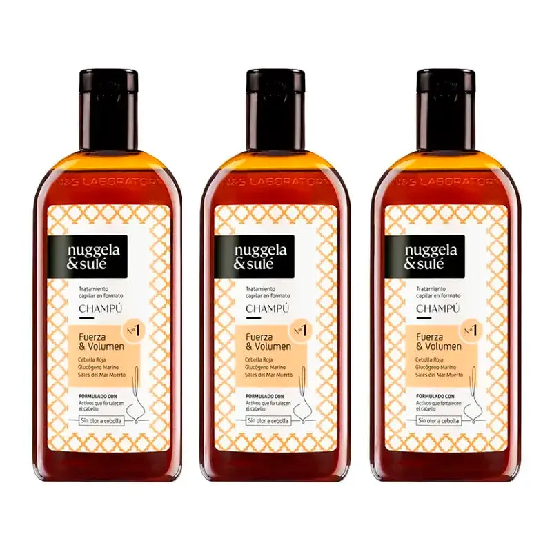 Champô Nuggela & Sule Extrato de Cebola Premium Cabelos Fracos e Oleosos, Embalagem de 3 x 250 ml