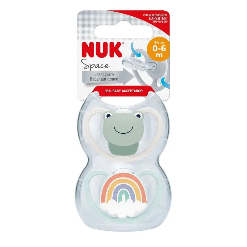 Chupeta Nuk Space Frog/Rainbow T1 0-6M Silicone , 2 unidades