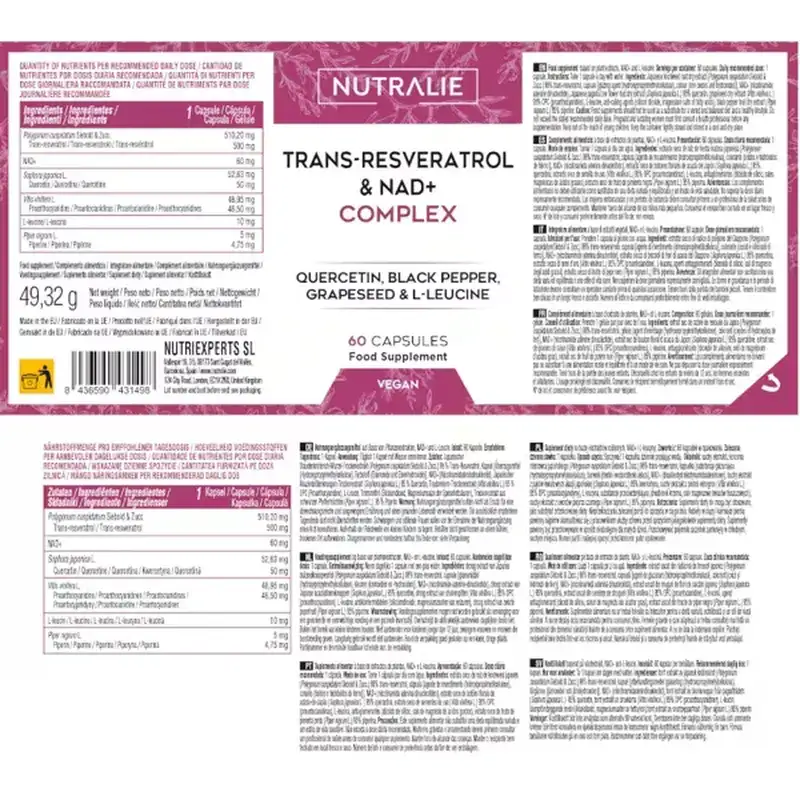 Nutralie Trans Resveratrol & Nad+ Complex com Quercetina + Piperina, 60 cápsulas