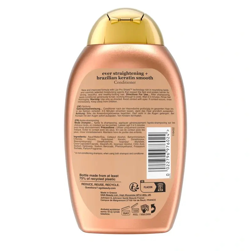 OGX Brazilian Keratin Conditioner, para cabelos ondulados ou encaracolados, suaviza, fortalece e hidrata, 385ml