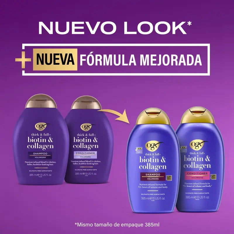 Condicionador OGX Sem Sulfatos, Biotina e Colagénio, Cabelo Volumoso e Saudável, 385 ml