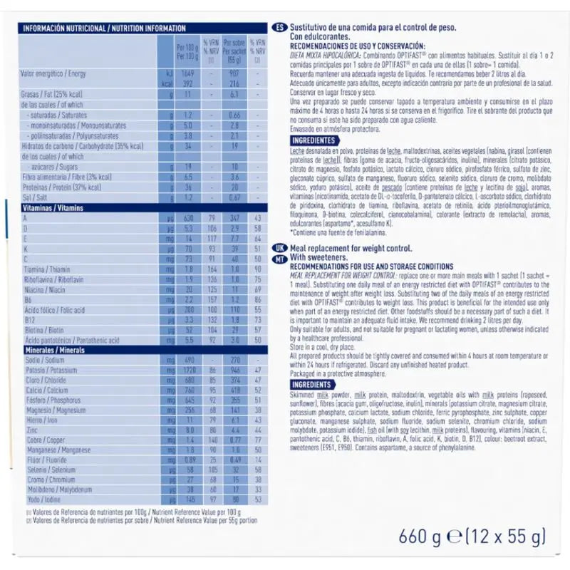 ENVELOPES OPTIFASTOS SABOR A MORANGO BATIDO 9 UNIDADES