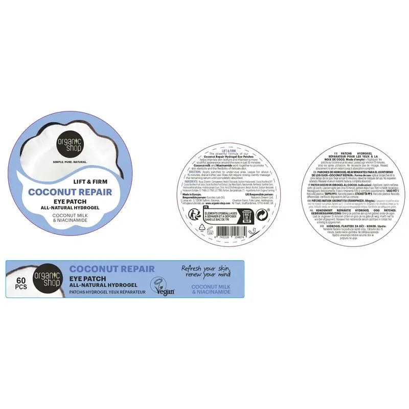 Organic Shop Fac Firming Hydrogel Eye Contour Patches "Coconut Repair", 60 unid.