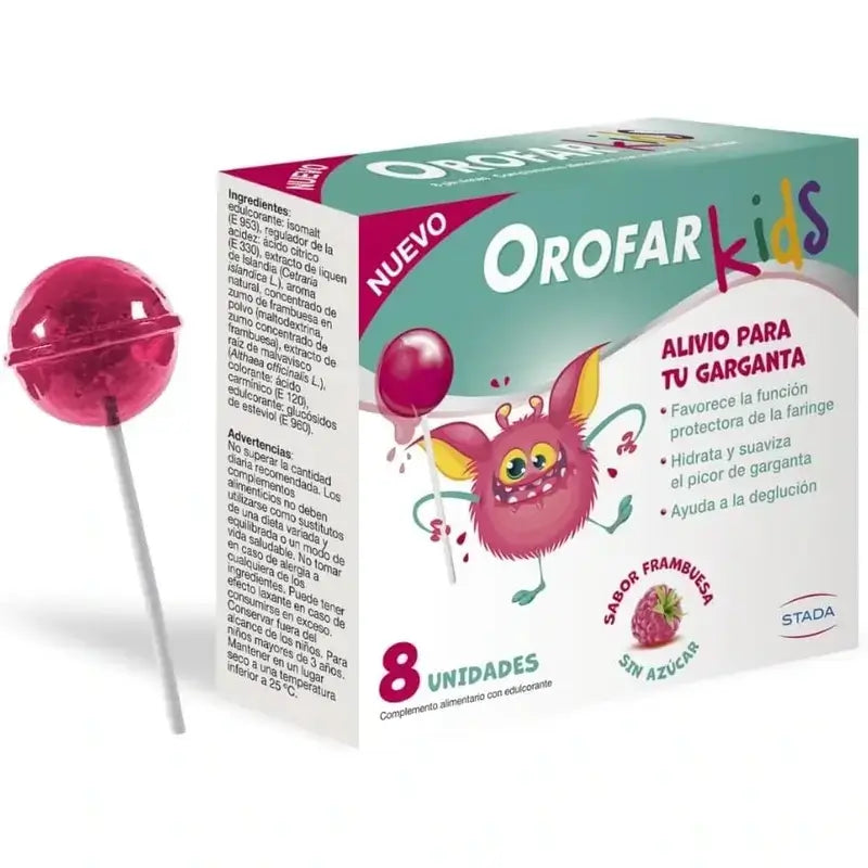 Orofar Kids Pirulitos de framboesa sem açúcar para a garganta, 2x8 pirulitos