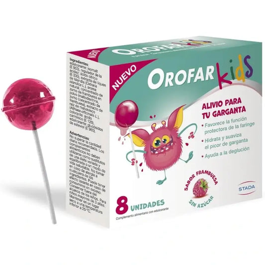 Orofar Kids Pirulitos de framboesa sem açúcar para a garganta, 8 pirulitos