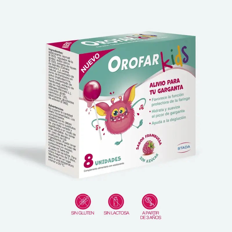 Orofar Kids Pirulitos de framboesa sem açúcar para a garganta, 8 pirulitos