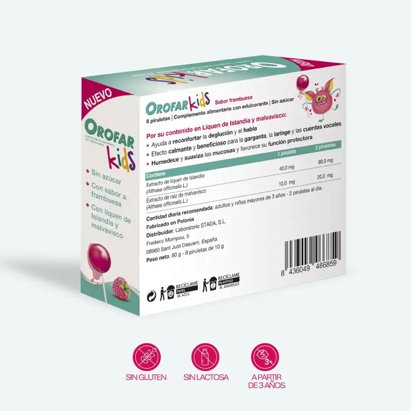 Orofar Kids Pirulitos de framboesa sem açúcar para a garganta, 8 pirulitos