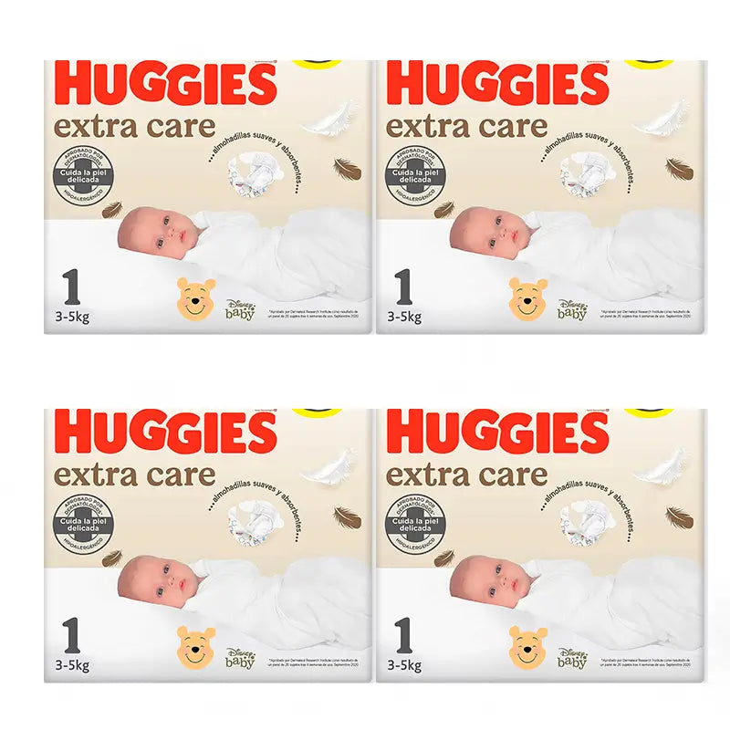 Fralda Huggies Extra Care Tamanho 1 (3-5Kg), embalagem 4 x 112 unidades