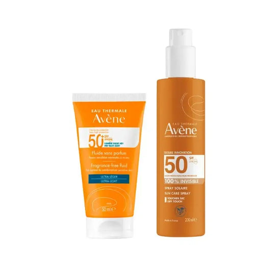 Avene Protector Solar Fluido Sem Perfume SPF 50+, 50ml + Avene Sun Spray Pele Sensível SPF50+ 200ml