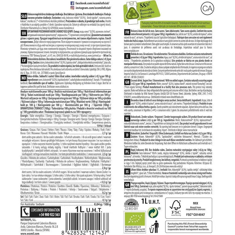 Ecomil Coconut Nature Bio, embalagem 1 L x 12 unidades