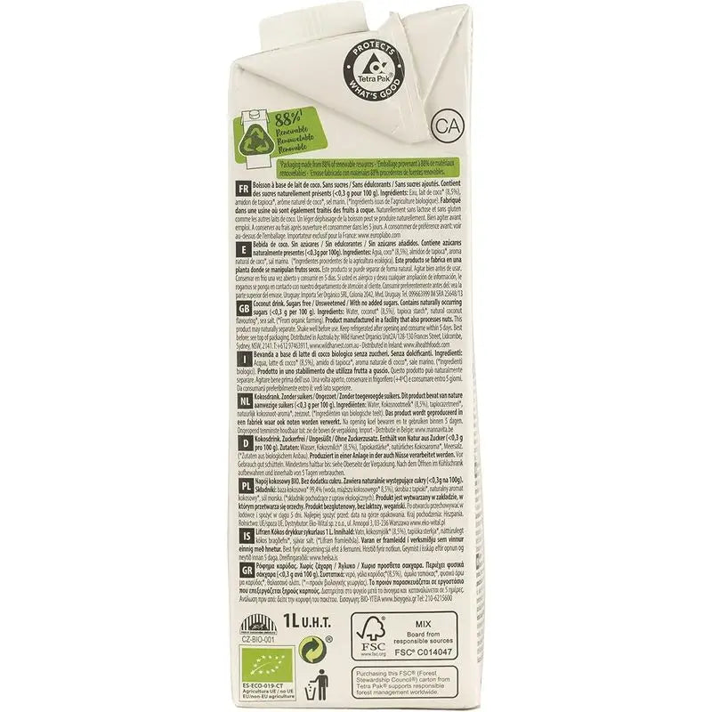 Ecomil Coconut Nature Bio, embalagem 1 L x 6 unidades