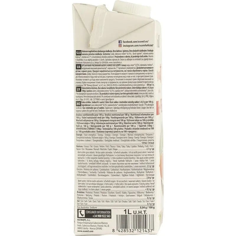 Ecomil Coconut Nature Bio, embalagem 1 L x 6 unidades