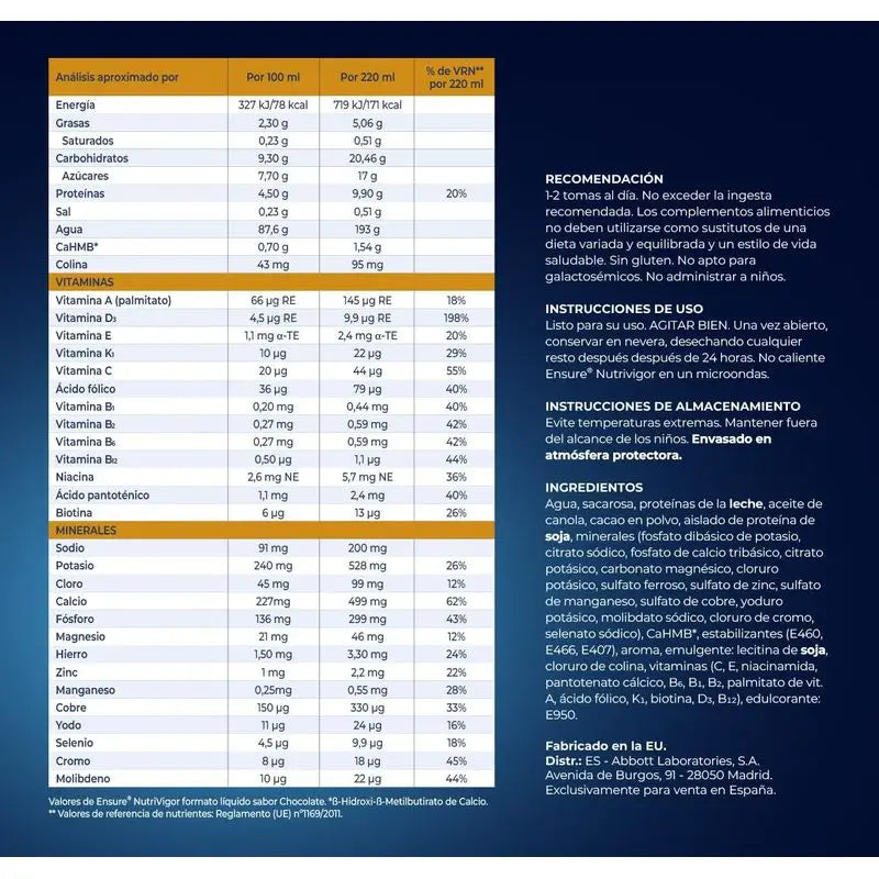 Ensure Nutrivigor Batido de Chocolate, Embalagem 8x220 Ml