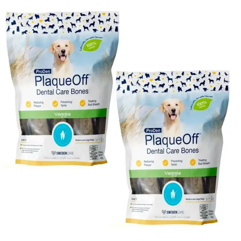 Plaqueoff Dental Care Bones Veggie Dog Snack Para Cães, Embalagem 2 x 485 g