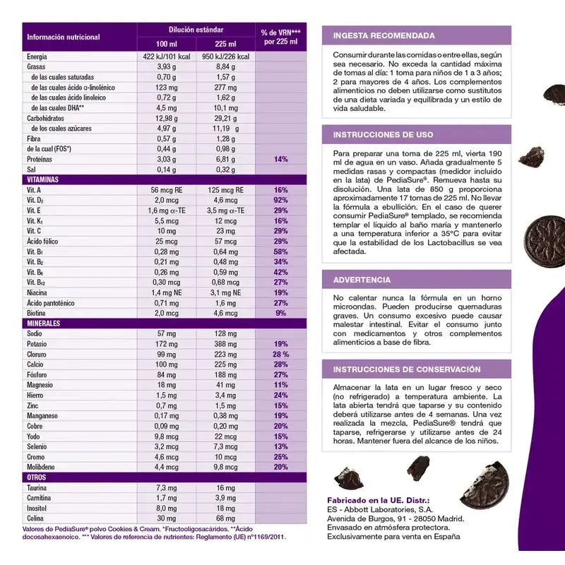 Pediasure Cookies & Cream + Bebida Chocolate Crianças, 850 gr + 4 frascos Chocolate x 220 ml
