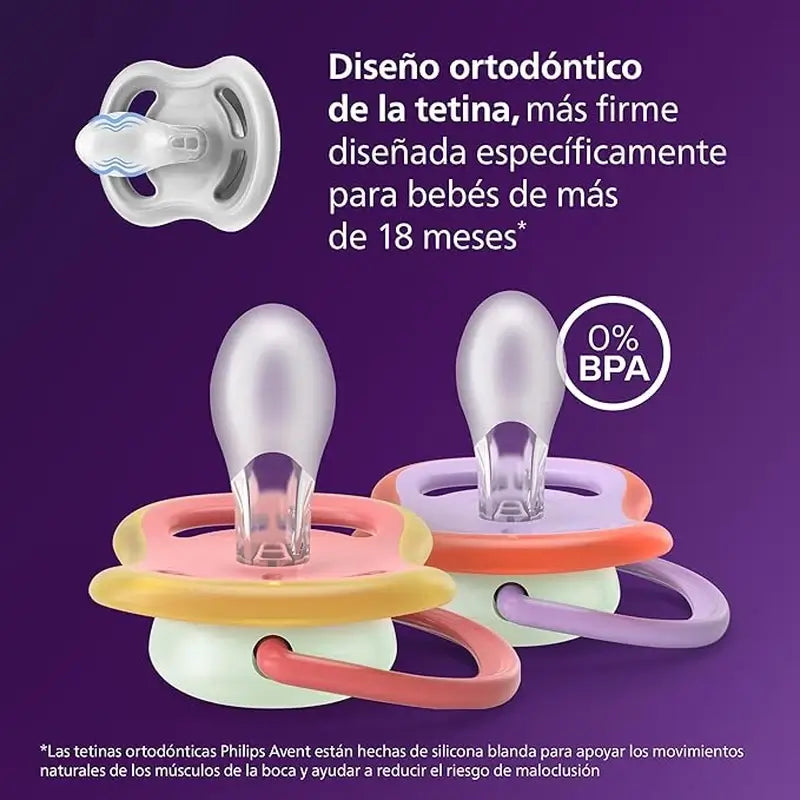 Philips Avent 2 chupetas ultra air night-time +18m bebé menina