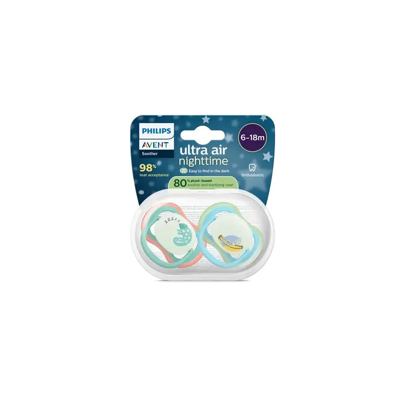 Philips Avent 2 chupetas ultra air nighttime 6-18m bebé menino