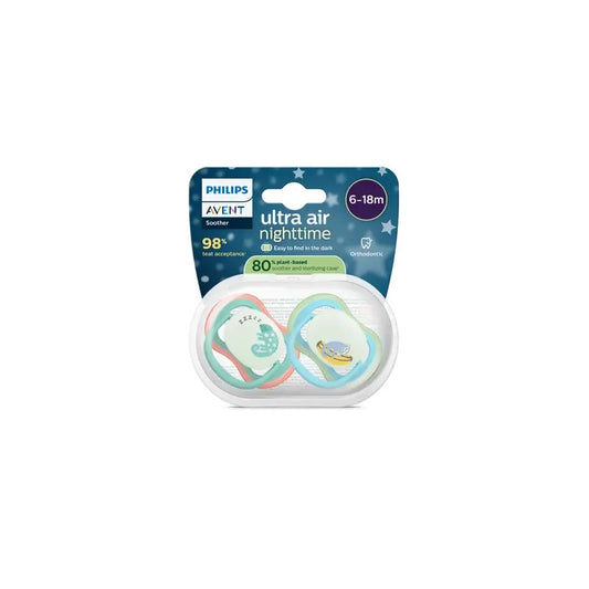 Philips Avent 2 chupetas ultra air nighttime 6-18m bebé menino