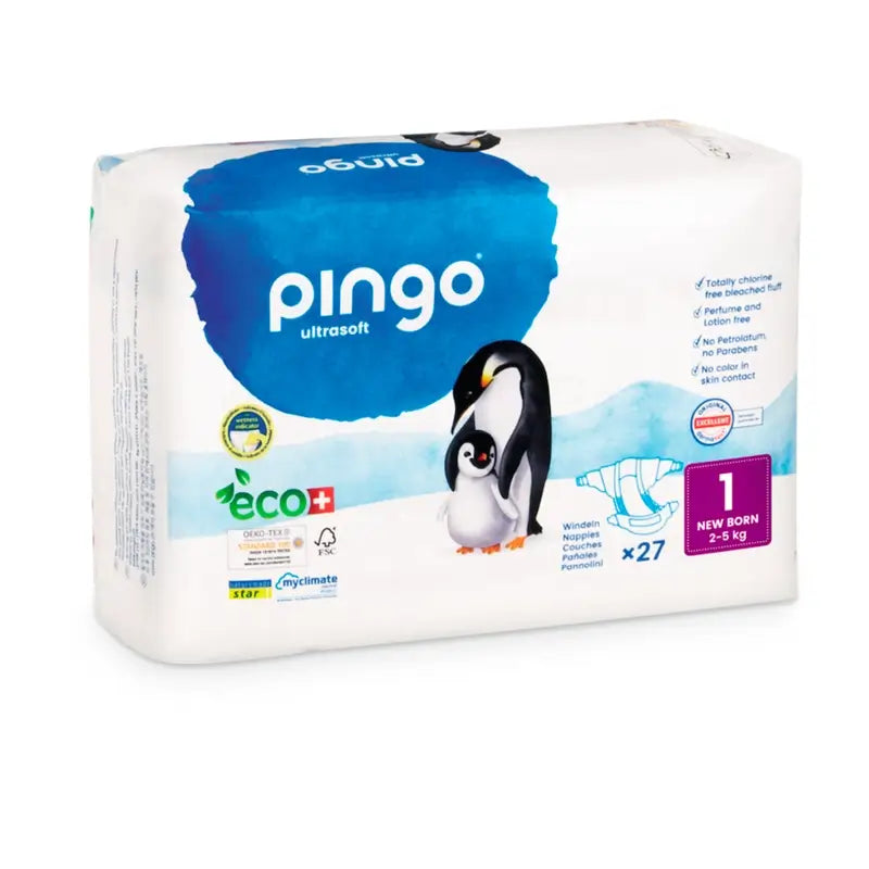 Fraldas Ecológicas Pingo New Born Tamanho 1 (2-5 Kg), 27 unidades