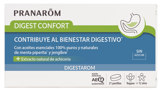 Pranarom Digest Comfort Conforto digestivo Óleo essencial de hortelã-pimenta e gengibre 100% puro e natural Extrato natural de chicória Vegan , 21 comprimidos