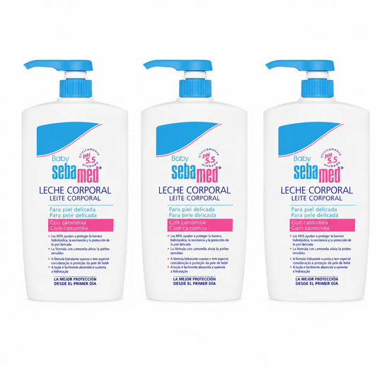 Leite corporal para bebés Sebamed para peles delicadas 750 ml, embalagem de 3