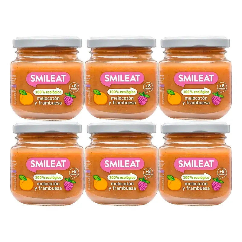 Frasco de fruta biológica de framboesa e pêssego Smileat, embalagem de 6 x 130 g