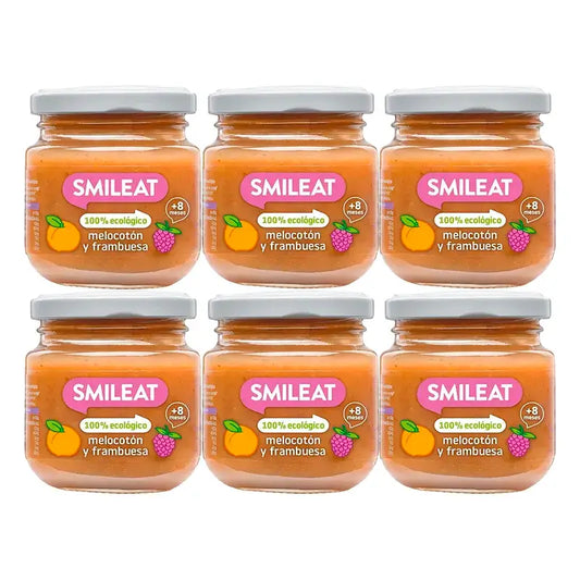 Frasco de fruta biológica de framboesa e pêssego Smileat, embalagem de 6 x 130 g