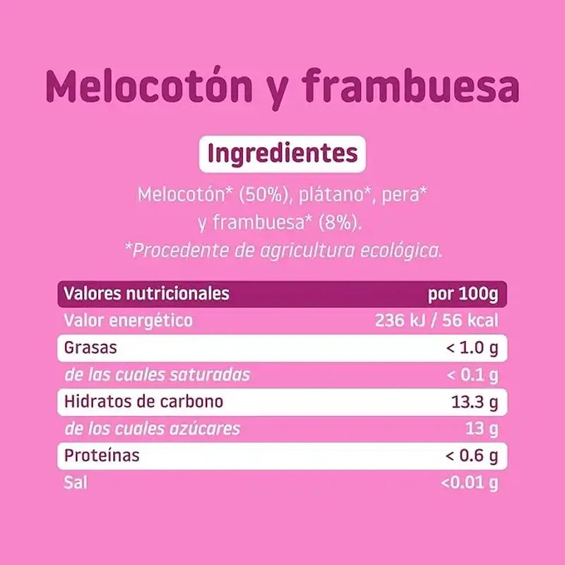 Frasco de fruta biológica de framboesa e pêssego Smileat, embalagem de 6 x 130 g
