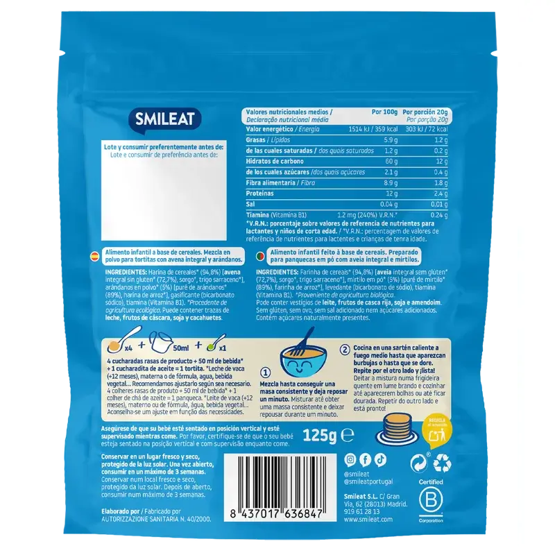 Smileat Mix Panquecas integrais de aveia e mirtilo , 125 gr ECO