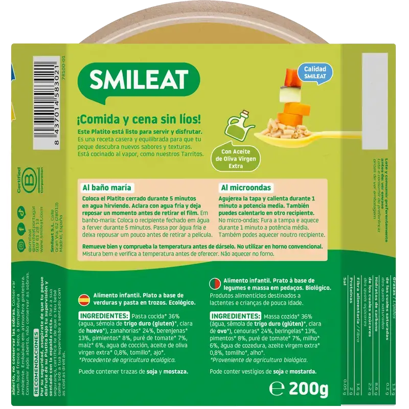 Smileat Prato Pequeno Macarrão com Legumes da Horta Eco, 200 g