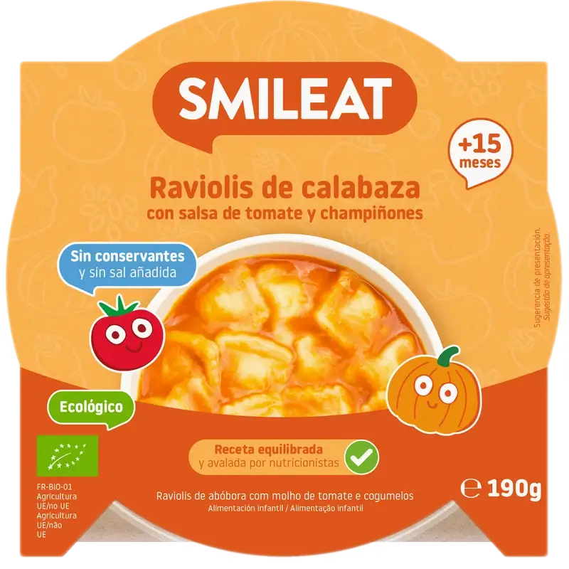Smileat Prato pequeno Ravioli de abóbora com molho de tomate Eco, 190 g