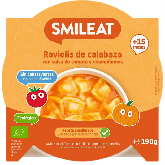 Smileat Prato pequeno Ravioli de abóbora com molho de tomate Eco, 190 g