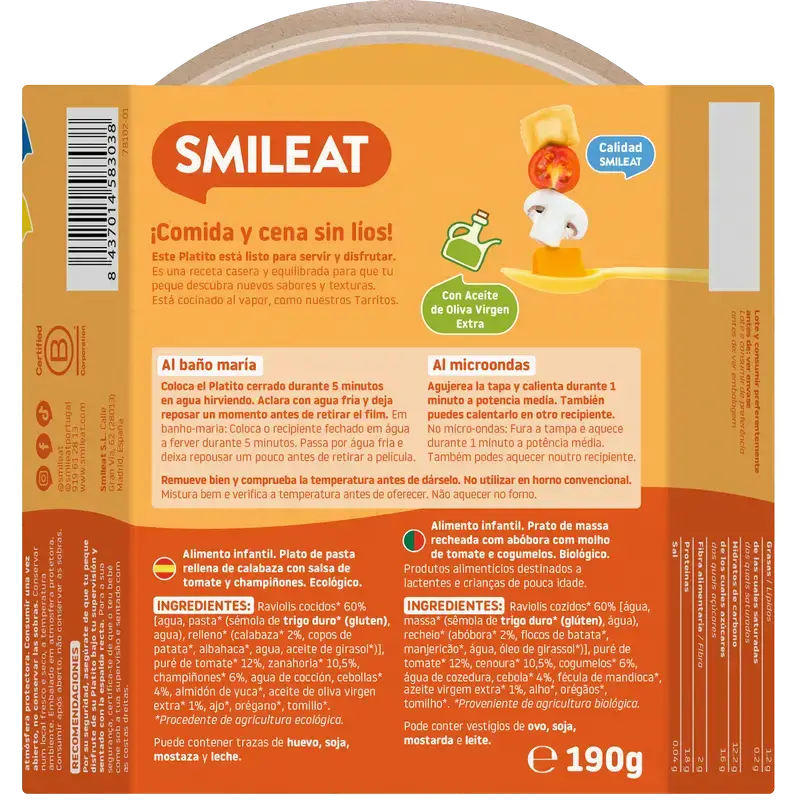 Smileat Prato pequeno Ravioli de abóbora com molho de tomate Eco, 190 g