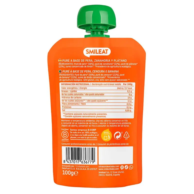 Smileat Pera, Cenoura e Banana Pouch Eco , 100 g