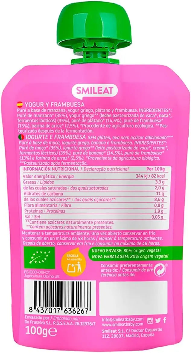 Smileat Pouch Yoghurt e Raspberry Eco 100 g
