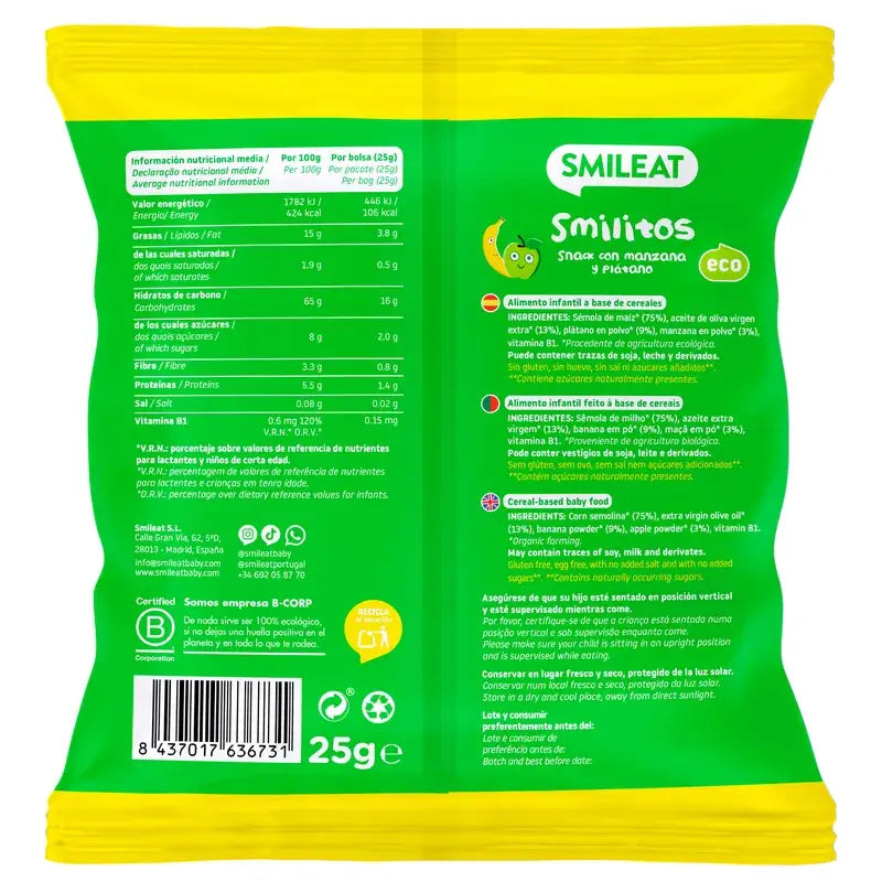 Smileat Smilito Snacks Maçã & Banana Eco Smileat , 25 gramas