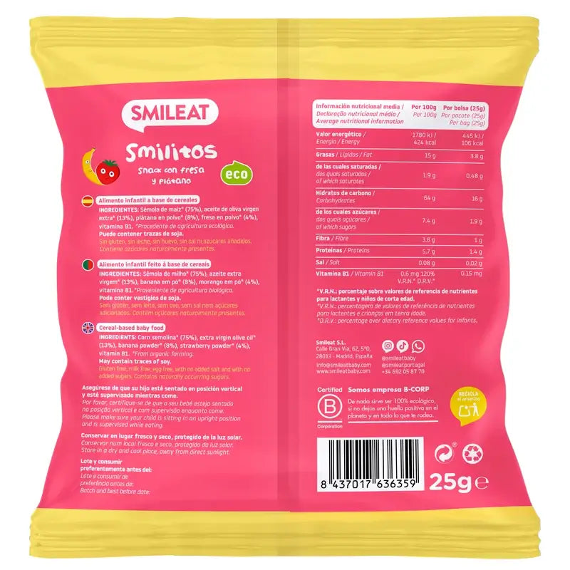 Smileat Smilitos Morango & Banana Eco , 25 gramas