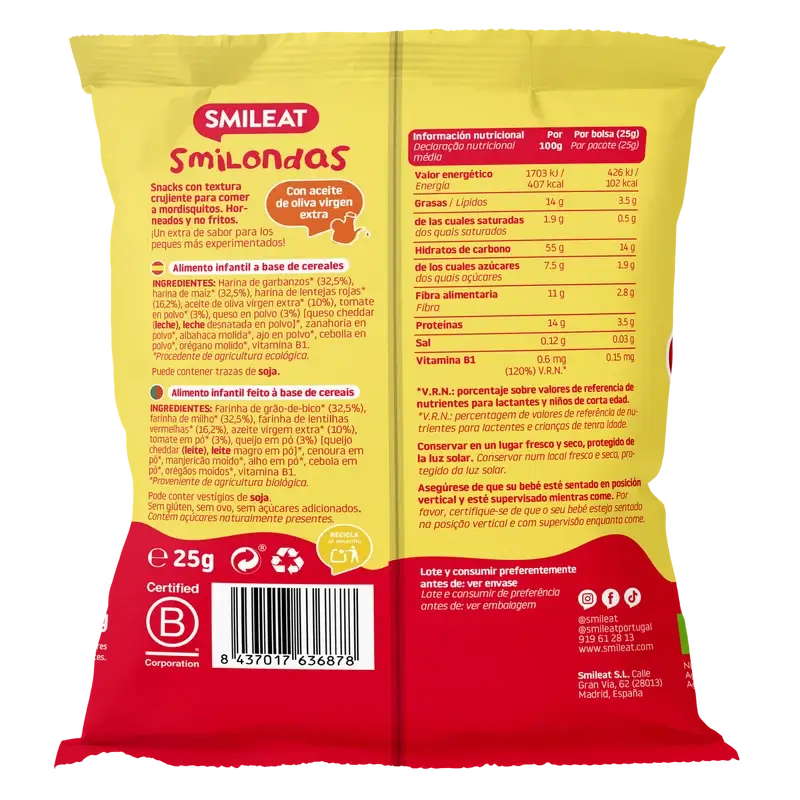 Smileat Smilondas Snack de Milho, Legumes, Tomate e Queijo , 25 gramas
