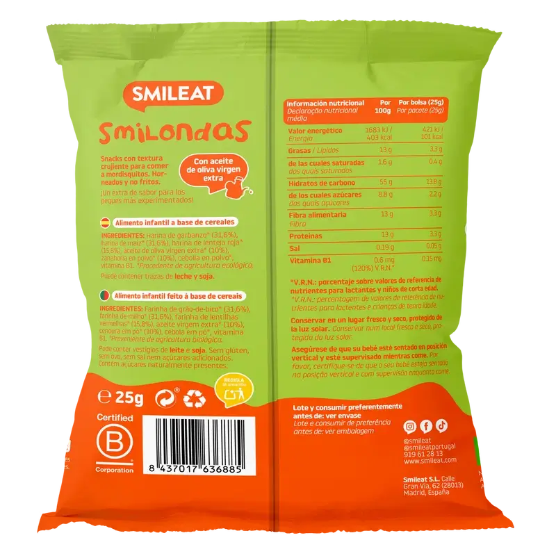 Smileat Smilondas Snack de milho, legumes e cenoura , 25 gramas