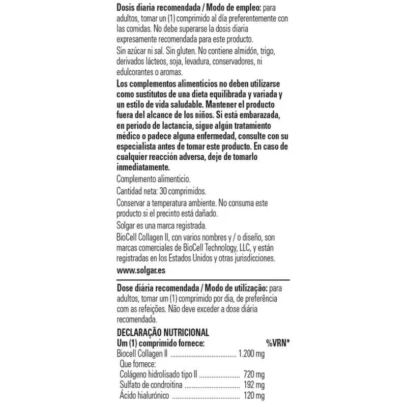 Solgar Complexo de Ácido Hialurónico com Colagénio, 30 Comprimidos